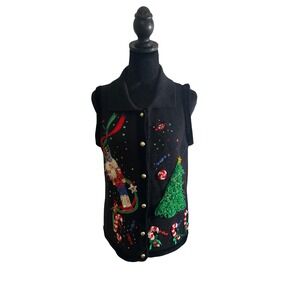Lisa‎ Int. Womens Ugly Christmas Sweater VestTree Nutcracker Candy Cane Petite M